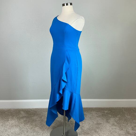 XSCAPE One Shoulder Ruffled High Low Sheath Cocktail Dress Blue Size 16 - Picture 5 of 13